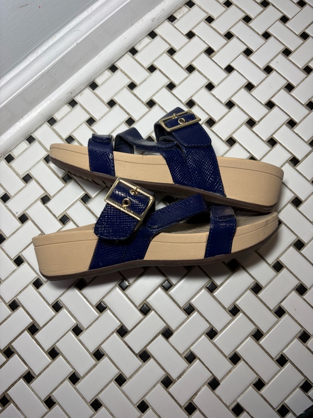 Vionic Navy Blue Slide Sandals with Gold Buckles